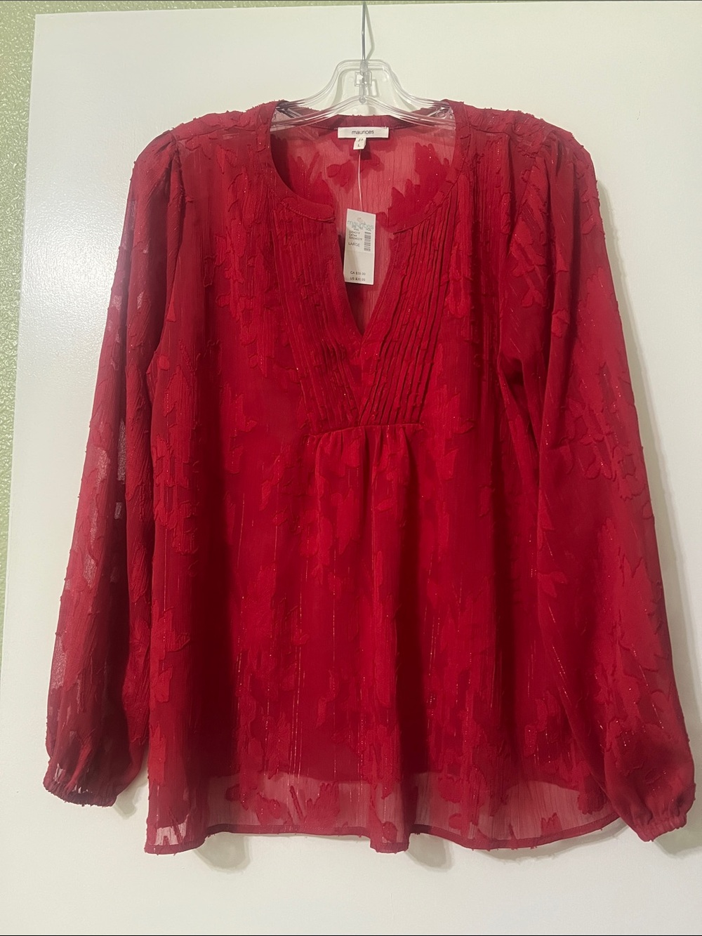 Dark Red Floral sheer Peasant Blouse